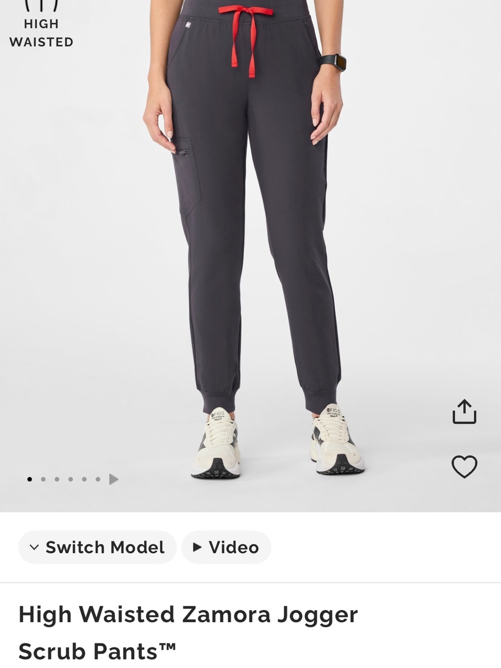 Figs High Waisted Zamora Jogger Scrub Pants - Charcoal with Red Drawstring